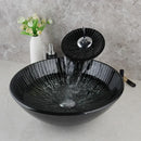 GobekUsa Black Glass Bathroom Sink Set with Hand Painted Design & Waterfall Faucet