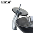 GobekUsa Black Glass Waterfall Bathroom Sink Tap Mixer Faucet