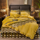 GobekUsa Black Gold Lace Duvet Set, Luxury Crystal Velvet, Quilted Embroidery, Ruffle Bedding