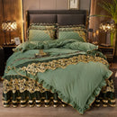 GobekUsa Black Gold Lace Duvet Set, Luxury Crystal Velvet, Quilted Embroidery, Ruffle Bedding