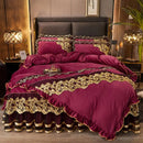 GobekUsa Black Gold Lace Duvet Set, Luxury Crystal Velvet, Quilted Embroidery, Ruffle Bedding