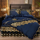 GobekUsa Black Gold Lace Duvet Set, Luxury Crystal Velvet, Quilted Embroidery, Ruffle Bedding