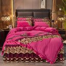 GobekUsa Black Gold Lace Duvet Set, Luxury Crystal Velvet, Quilted Embroidery, Ruffle Bedding