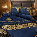 GobekUsa Black Gold Lace Duvet Set, Luxury Crystal Velvet, Quilted Embroidery, Ruffle Bedding