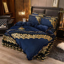 GobekUsa Black Gold Lace Duvet Set, Luxury Crystal Velvet, Quilted Embroidery, Ruffle Bedding