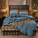 GobekUsa Black Gold Lace Duvet Set, Luxury Crystal Velvet, Quilted Embroidery, Ruffle Bedding