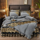 GobekUsa Black Gold Lace Duvet Set, Luxury Crystal Velvet, Quilted Embroidery, Ruffle Bedding