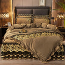 GobekUsa Black Gold Lace Duvet Set, Luxury Crystal Velvet, Quilted Embroidery, Ruffle Bedding