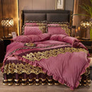 GobekUsa Black Gold Lace Duvet Set, Luxury Crystal Velvet, Quilted Embroidery, Ruffle Bedding