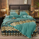 GobekUsa Black Gold Lace Duvet Set, Luxury Crystal Velvet, Quilted Embroidery, Ruffle Bedding