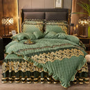 GobekUsa Black Gold Luxury Crystal Velvet Bedding Set with Quilted Embroidery & Ruffles