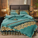 GobekUsa Black Gold Luxury Crystal Velvet Bedding Set with Quilted Embroidery & Ruffles
