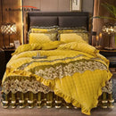 GobekUsa Black Gold Luxury Crystal Velvet Bedding Set with Quilted Embroidery & Ruffles