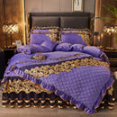 GobekUsa Black Gold Luxury Crystal Velvet Bedding Set with Quilted Embroidery & Ruffles