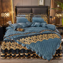 GobekUsa Black Gold Luxury Crystal Velvet Bedding Set with Quilted Embroidery & Ruffles