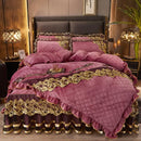 GobekUsa Black Gold Luxury Crystal Velvet Bedding Set with Quilted Embroidery & Ruffles