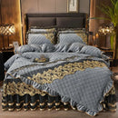GobekUsa Black Gold Luxury Crystal Velvet Bedding Set with Quilted Embroidery & Ruffles