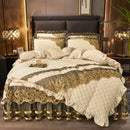 GobekUsa Black Gold Luxury Crystal Velvet Bedding Set with Quilted Embroidery & Ruffles