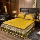 GobekUsa Black Gold Luxury Crystal Velvet Bedding Set with Quilted Embroidery & Ruffles