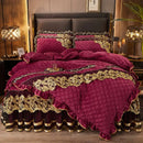 GobekUsa Black Gold Luxury Crystal Velvet Bedding Set with Quilted Embroidery & Ruffles