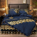 GobekUsa Black Gold Luxury Crystal Velvet Bedding Set with Quilted Embroidery & Ruffles