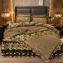 GobekUsa Black Gold Luxury Crystal Velvet Bedding Set with Quilted Embroidery & Ruffles