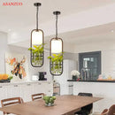 GobekUsa Black Iron Cage Pendant Light with Glass Cloth Shade E14 Loft Hanging Lamp