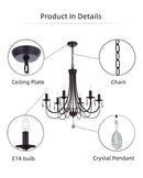 GobekUsa Black Iron Chandelier with Crystal Pendant for Home Lighting