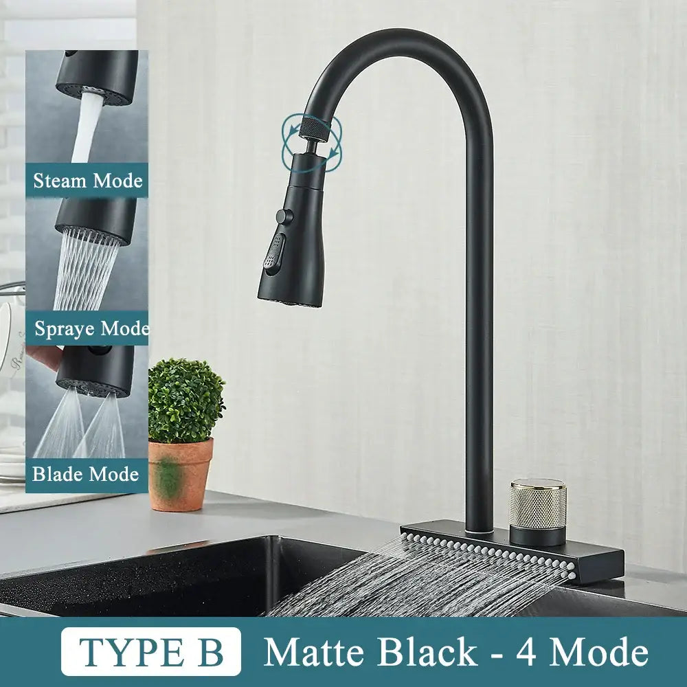 GobekUsa Black Kitchen Faucet 4 Function Brass Single Hole Mixer Deck Mounted, photo 11 of 13