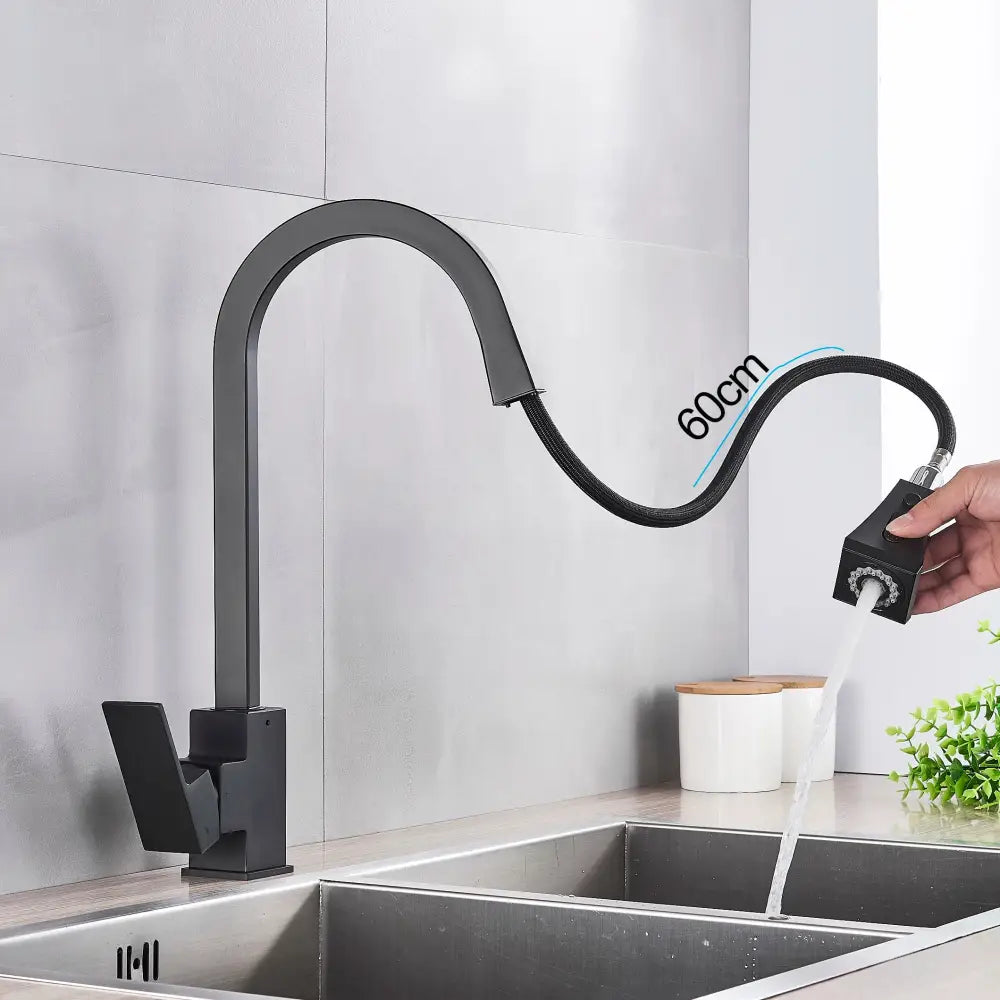 GobekUsa Black Kitchen Faucet Pull Out Mixer Square Single Handle Deck Mounted Tap, photo 3 of 11