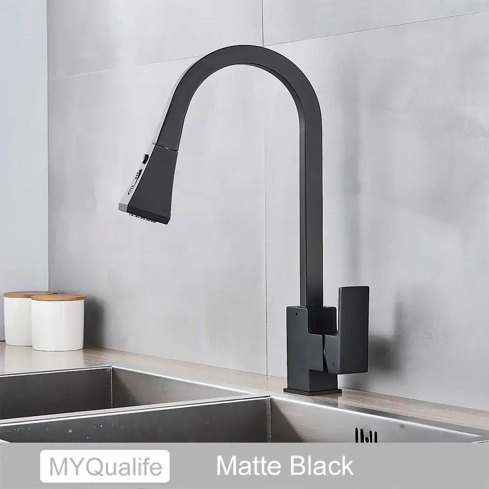 GobekUsa Black Kitchen Faucet Pull Out Mixer Square Single Handle Deck Mounted Tap, photo 10 of 11