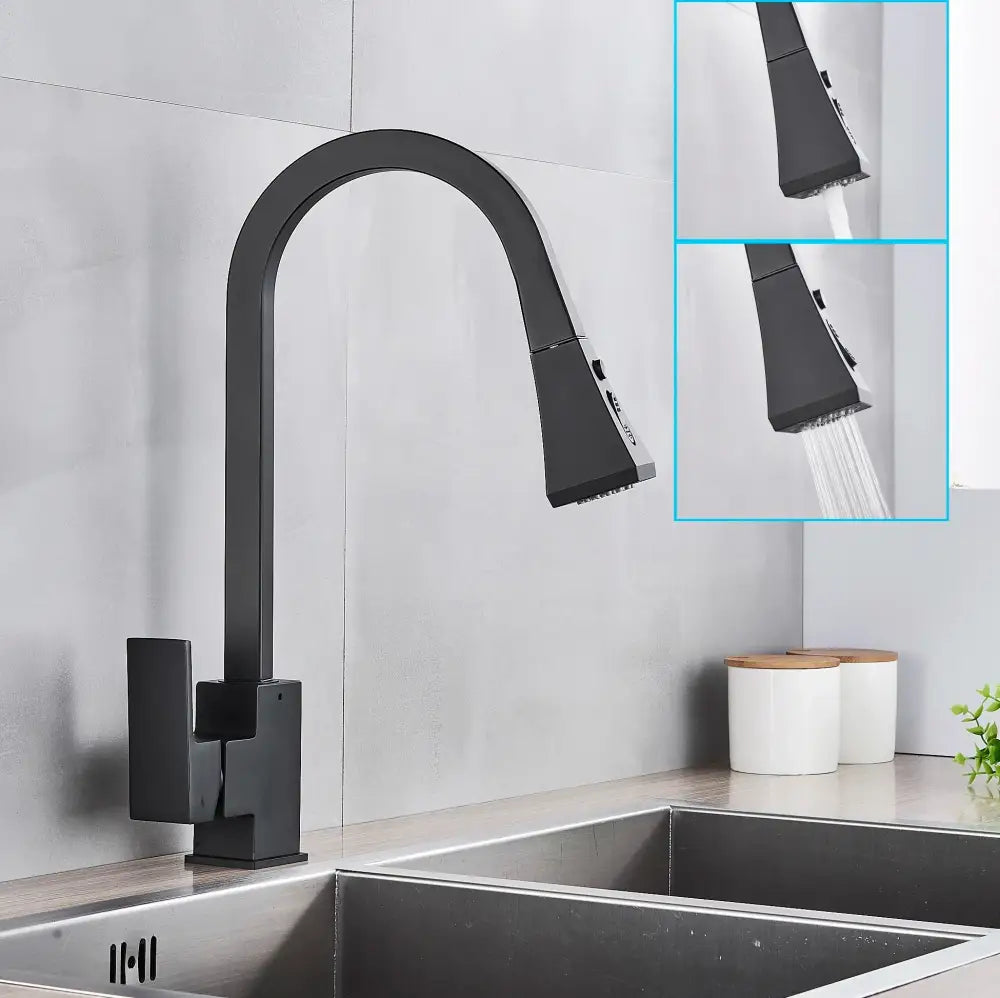 GobekUsa Black Kitchen Faucet Pull Out Mixer Square Single Handle Deck Mounted Tap, photo 2 of 11