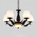 GobekUsa Black Metal Chandelier with Floral White Glass Shades - 4/6/7 Heads, Sputnik Suspension Pendant