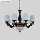 GobekUsa Black Metal Chandelier with Floral White Glass Shades - 4/6/7 Heads, Sputnik Suspension Pendant