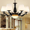 GobekUsa Black Metal Chandelier with Floral White Glass Shades - 4/6/7 Heads, Sputnik Suspension Pendant
