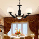 GobekUsa Black Metal Chandelier with Floral White Glass Shades - 4/6/7 Heads, Sputnik Suspension Pendant