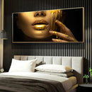 Modern blue and gold black women lips oil painting living room decor by Decorbites