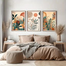 Boho floral orange & green canvas art set bedroom wall decor by Decorbites