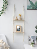 Minimalist white boho macrame wall shelf bedroom two tier wood decor by Decorbites