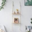 Minimalist white boho macrame wall shelf bedroom two tier wood decor by Decorbites