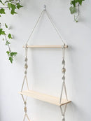 Minimalist white boho macrame wall shelf bedroom two tier wood decor by Decorbites