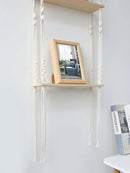 Minimalist white boho macrame wall shelf bedroom two tier wood decor by Decorbites