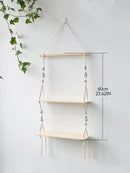 Minimalist white boho macrame wall shelf bedroom two tier wood decor by Decorbites