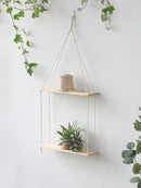 Minimalist white boho macrame wall shelf bedroom two tier wood decor by Decorbites