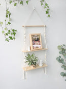 Minimalist white boho macrame wall shelf bedroom two tier wood decor by Decorbites