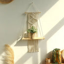 Boho beige macrame wood hanging shelf bedroom wall decor by Decorbites