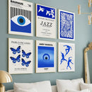 Blue and white butterfly botanical canvas art set of 6 living room by Decorbites