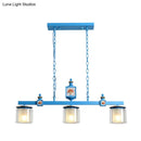 GobekUsa Cartoon 3 Bulbs Island Pendant Light with Dual Cylinder Pendulum Sky/Water Blue Glass Shades