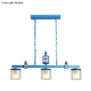 GobekUsa Cartoon 3 Bulbs Island Pendant Light with Dual Cylinder Pendulum Sky/Water Blue Glass Shades