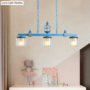 GobekUsa Cartoon 3 Bulbs Island Pendant Light with Dual Cylinder Pendulum Sky/Water Blue Glass Shades